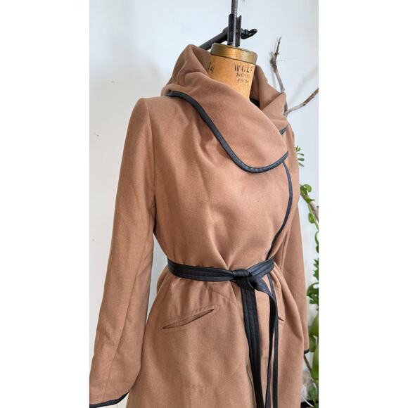 Camel Wrap Coat Black leather Trim | Minimalist Winter Jacket - Picture 2 of 6
